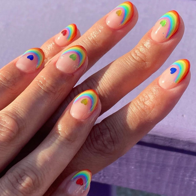 30+ Best Pride Nail Ideas That’ll Brighten Your Outfits : Rainbow French Tip Nails + Colourful Hearts