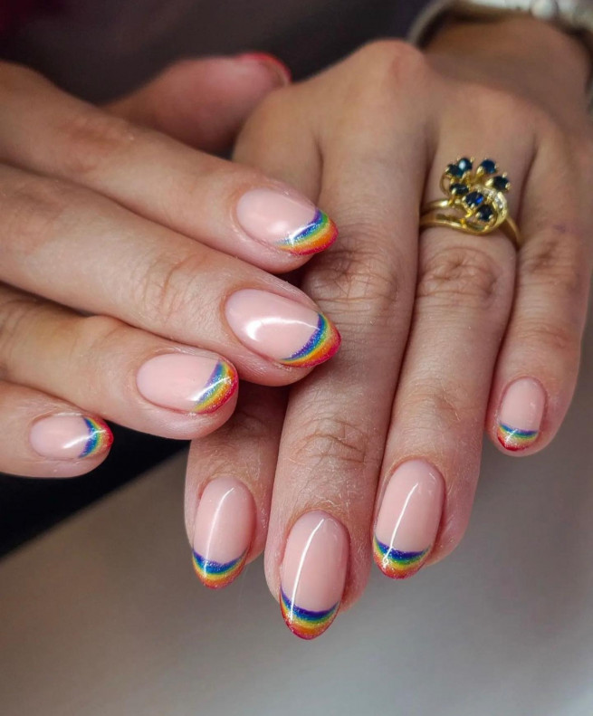 30+ Best Pride Nail Ideas That’ll Brighten Your Outfits : Glittery Rainbow French Tip Nails