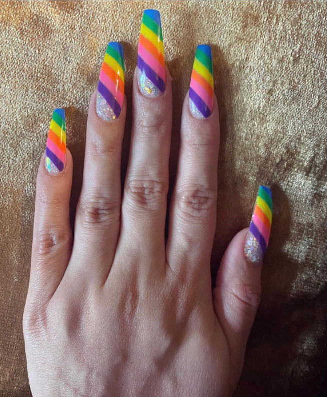 30+ Best Pride Nail Ideas That’ll Brighten Your Outfits : Rainbow Acrylic Coffin Nails