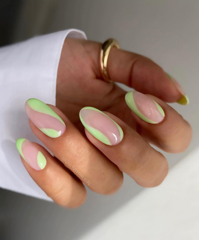 50 Cute Summer Nails 2022 : Pastel Green Negative Space Nails