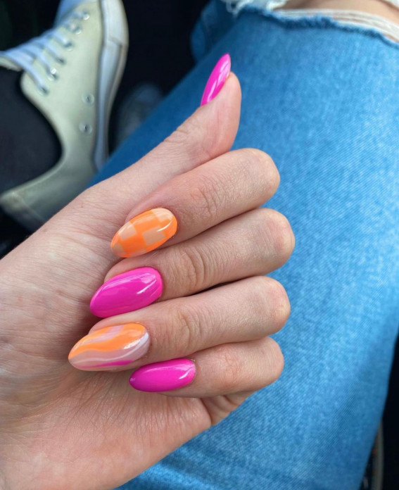 50 Cute Summer Nails 2022 : Checker + Swirl Pink and Orange Nails