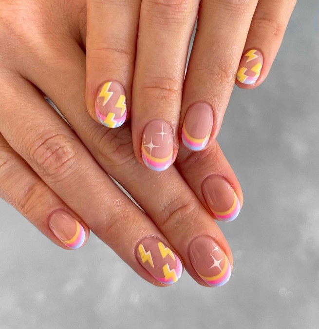 50 Cute Summer Nails 2022 : Triple French Tip Nails + Lightning