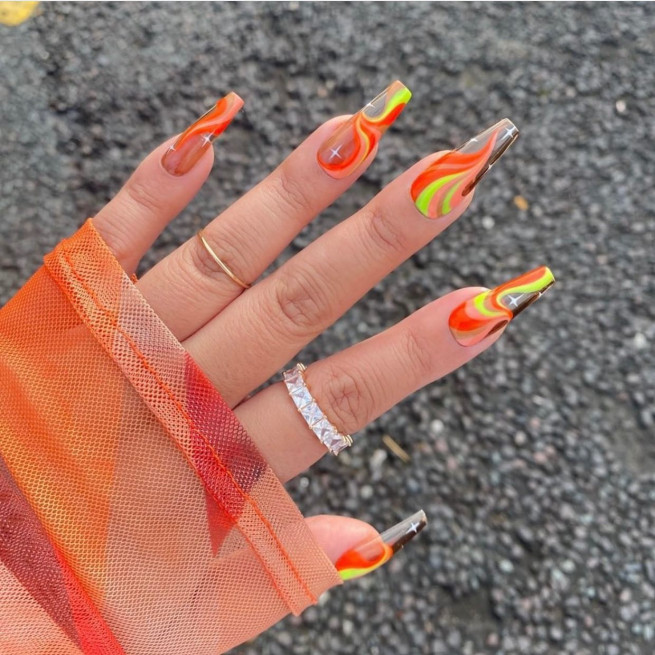 50 Cute Summer Nails 2022 : Orange Groovy Acrylic Clear Nails