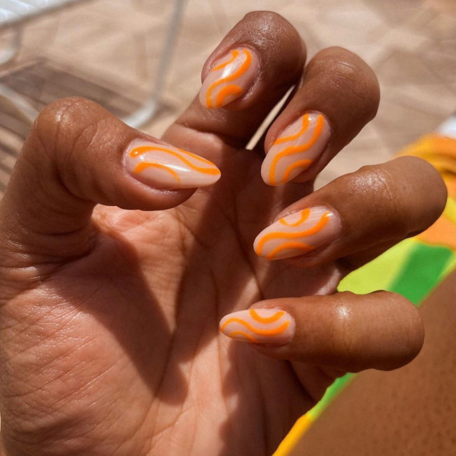 50 Cute Summer Nails 2022 : Orange Swirl Sheer Nails