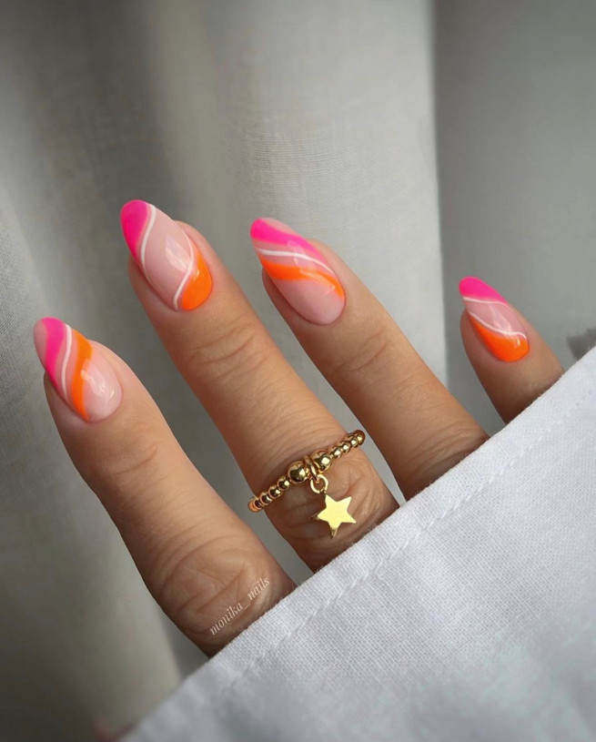 50 Cute Summer Nails 2022 : Bright Pink and Orange Swirl Nails