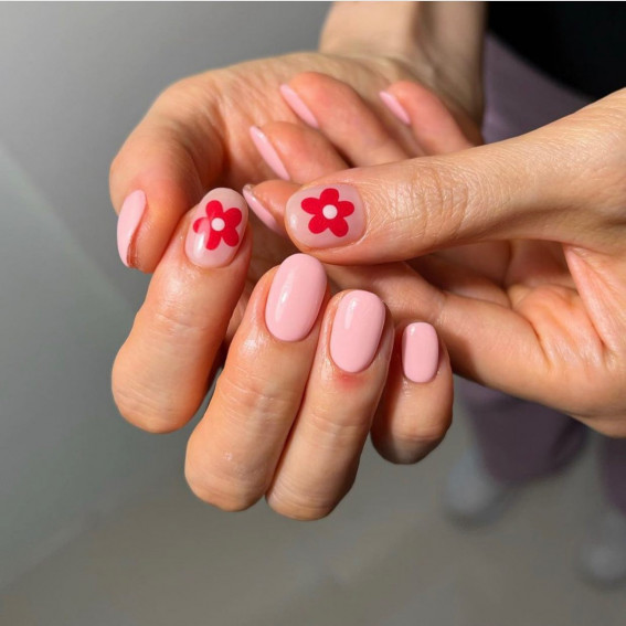 40 Best Summer Nails You’ll Look Forward To Trying : Red Flower Nude Nails