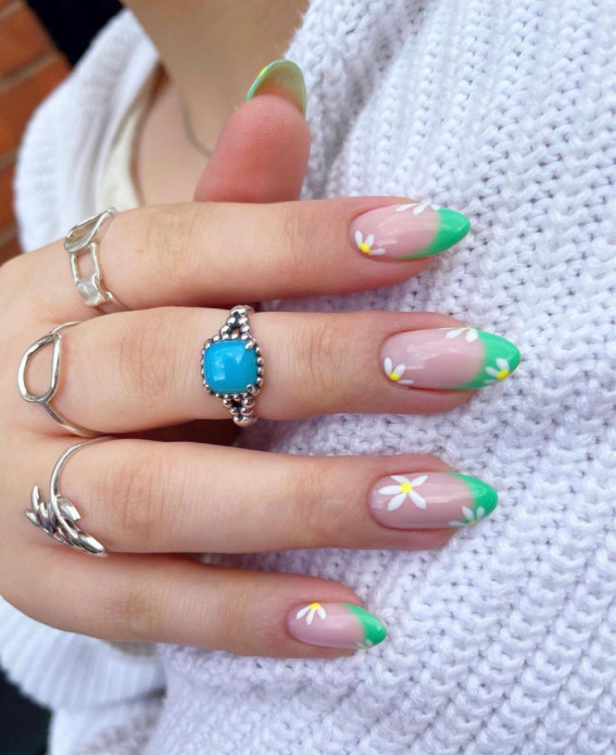 50 Cute Summer Nails 2022 : Green French Tip Nails + Flower