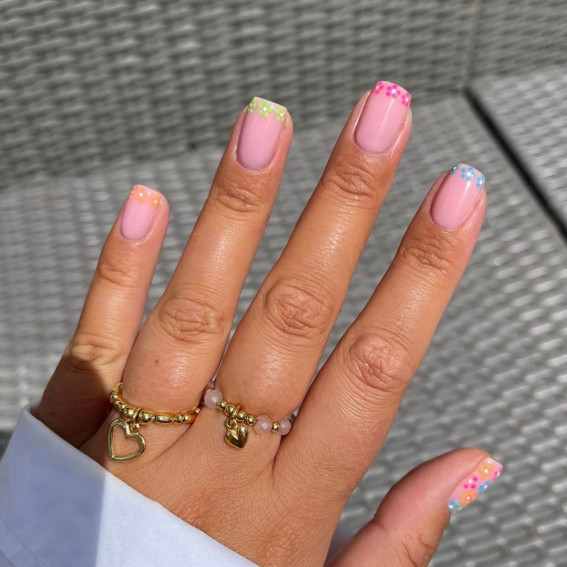 40 Best Summer Nails You’ll Look Forward To Trying : Different Flower Colour French Tip Nails