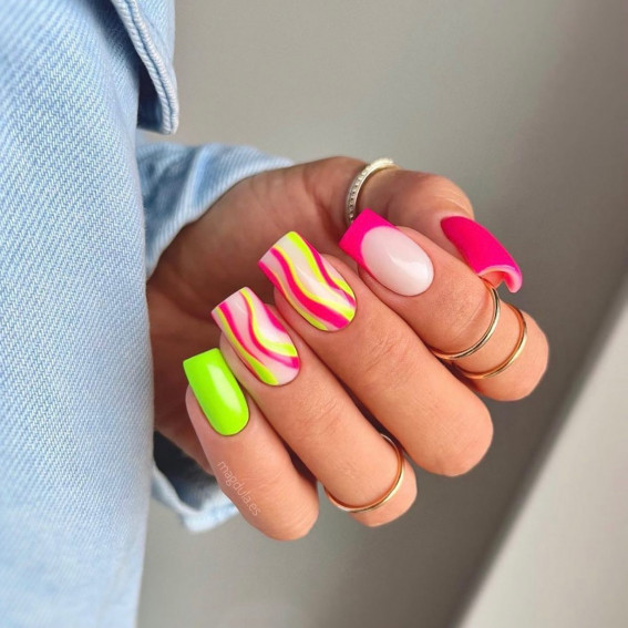 50 Cute Summer Nails 2022 : Neon Green and Hot Pink Nails