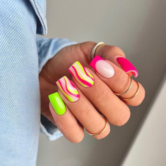 lime green and pink nail designs