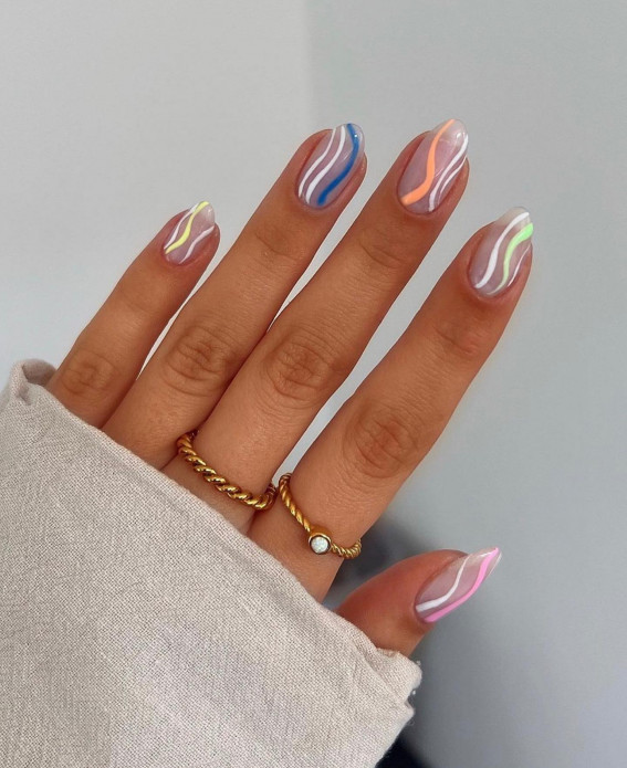 40 Best Summer Nails You’ll Look Forward To Trying : Blue, Peach and Green Swirl Sheer Nails