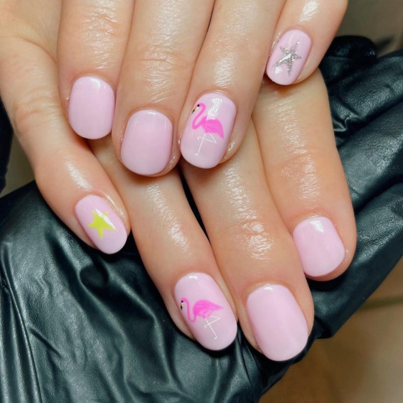40 Best Summer Nails You’ll Look Forward To Trying : Pink Flamingo + Star Pink Nails