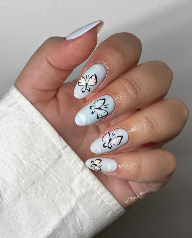 50 Cute Summer Nails 2022 : Butterfly Blue Nails