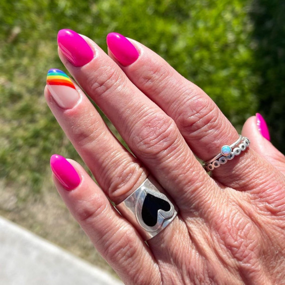 40 Best Summer Nails You’ll Look Forward To Trying : Rainbow Side Tip + Hot Pink Nails