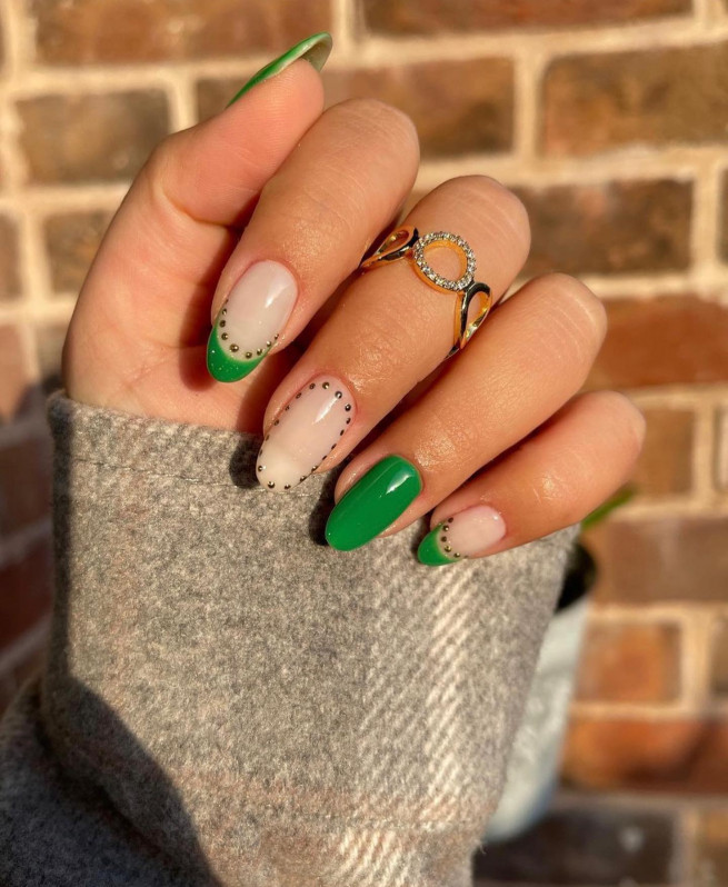 50 Cute Summer Nails 2022 : Green French + Gold Dot Outline Nails