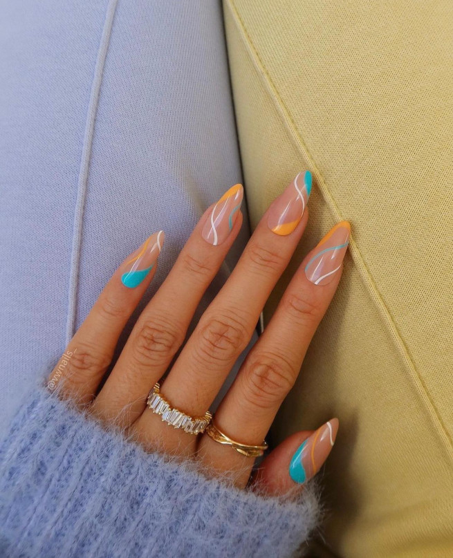 50 Cute Summer Nails 2022 : Blue and Yellow Swirl Almond Nails