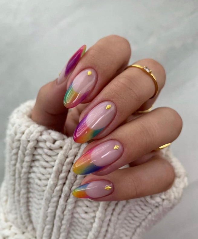 30+ Best Pride Nail Ideas That’ll Brighten Your Outfits : Ombre Rainbow Tip + Gold Flake Nails