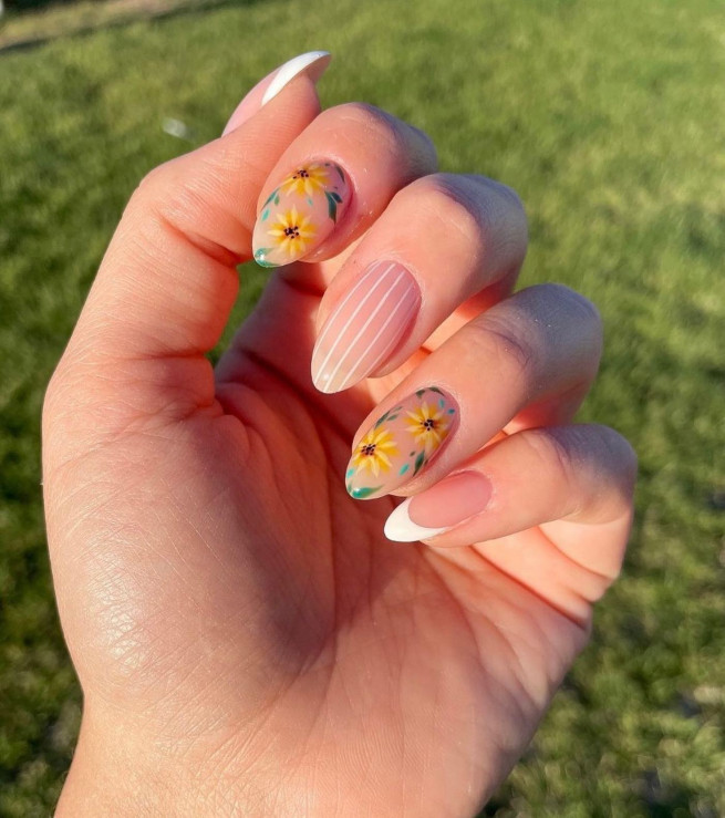 50 Cute Summer Nails 2022 : White Tip Nail + Sunflower Sheer Nails