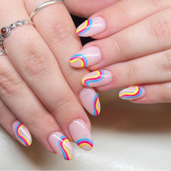 30+ Best Pride Nail Ideas That’ll Brighten Your Outfits : Blue, Pink and Yellow Rainbow Nails