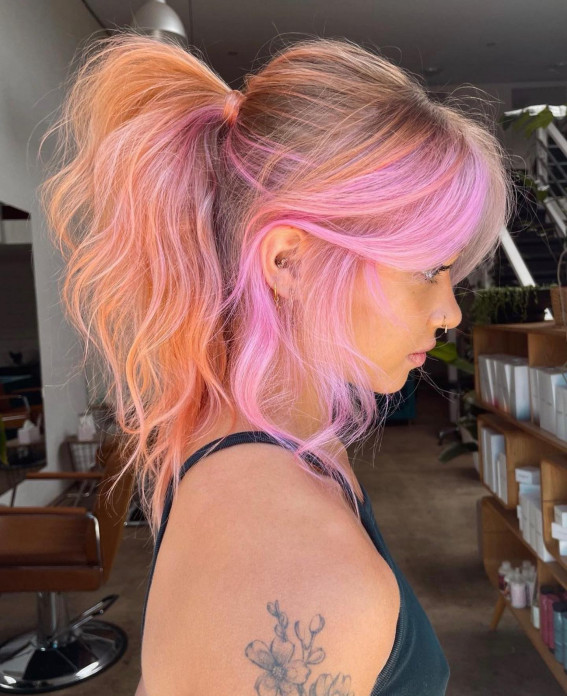 40 Crazy Hair Colour Ideas To Try in 2022 : Peach and Pink Combo Hair Colour