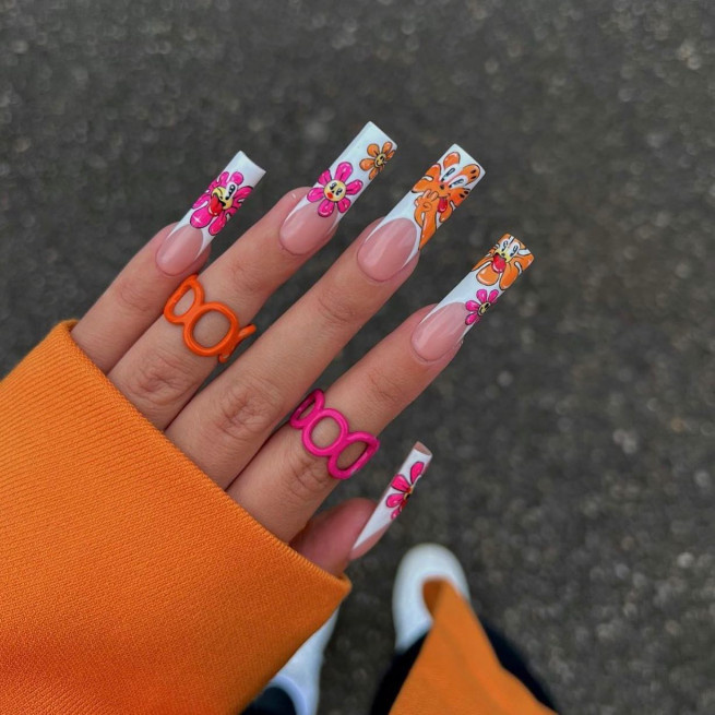 50 Cute Summer Nails 2022 : Pink and Orange Flower White French Tip Nails