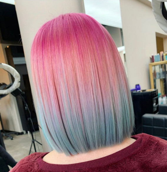 40 Crazy Hair Colour Ideas To Try in 2022 : Ombre Pink to Pale Blue Lob Haircut