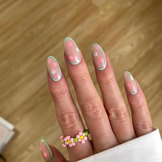 50 Cute Summer Nails 2022 : Soft Green Outline Sheer Nails + Pink Flower