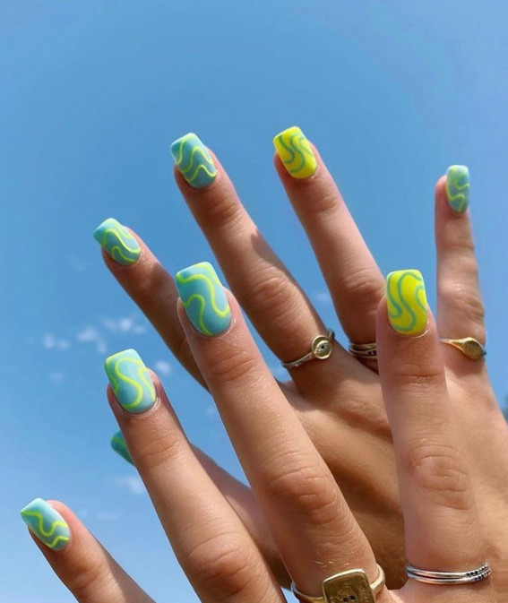 40 Best Summer Nails You’ll Look Forward To Trying : Neon Swirl Short Nails