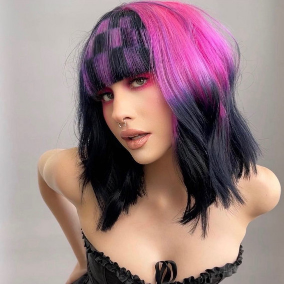 40 Crazy Hair Colour Ideas To Try in 2022 : Black and Pink Checkerboard Hair