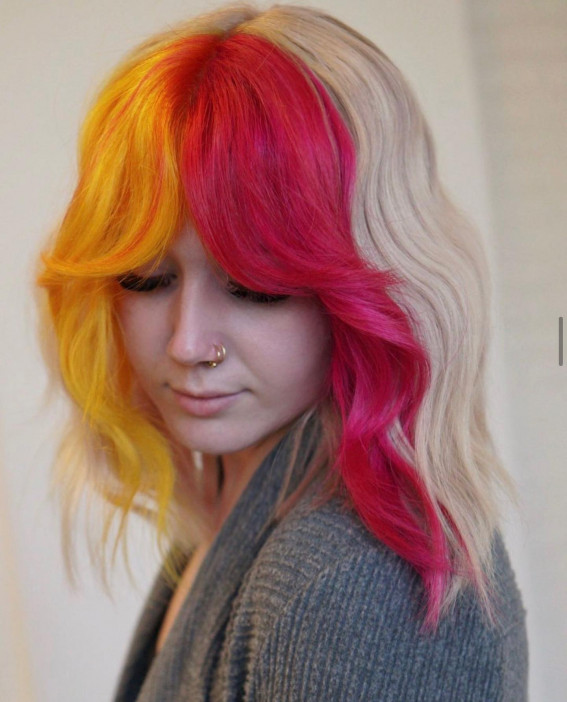 40 Crazy Hair Colour Ideas To Try in 2022 : Yellow and Strawberry Red Blonde Hair