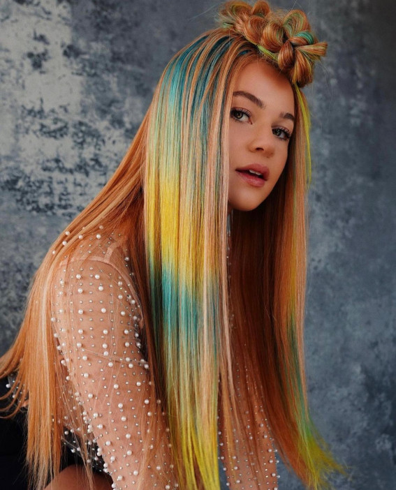 40 Crazy Hair Colour Ideas To Try in 2022 : Peach, Teal and Yellow Combo Hair Colour
