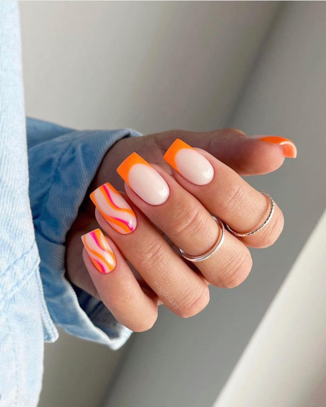 50 Cute Summer Nails 2022 : Pink and Orange Swirl + Orange French Tip Nails