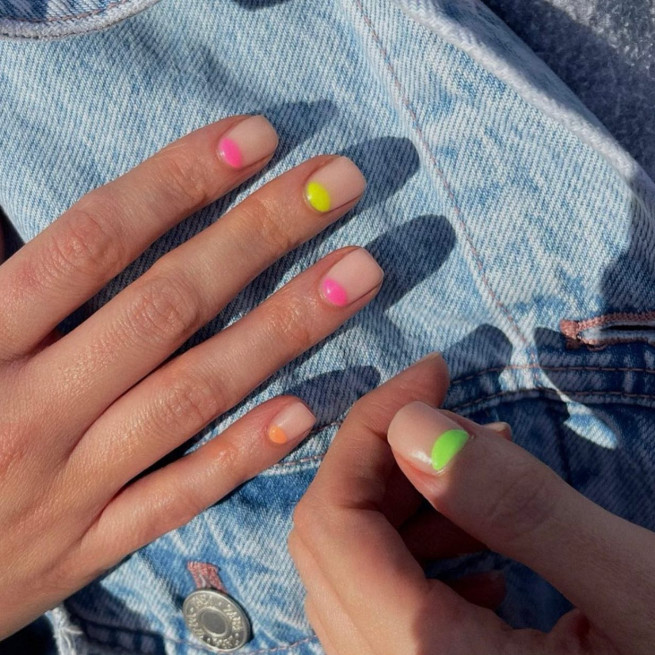 50 Cute Summer Nails 2022 : Soft Neon Half Moon Nude Nails