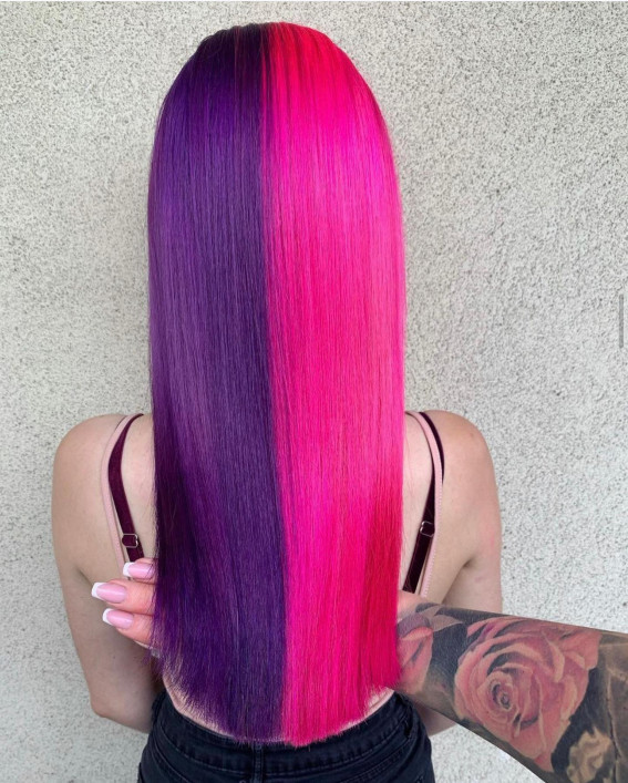 40 Crazy Hair Colour Ideas To Try in 2022 : Half Purple and Half Dark Pink