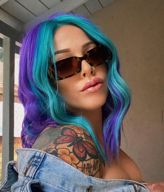 40 Crazy Hair Colour Ideas To Try in 2022 : Blue Teal and Purple Lob Haircut