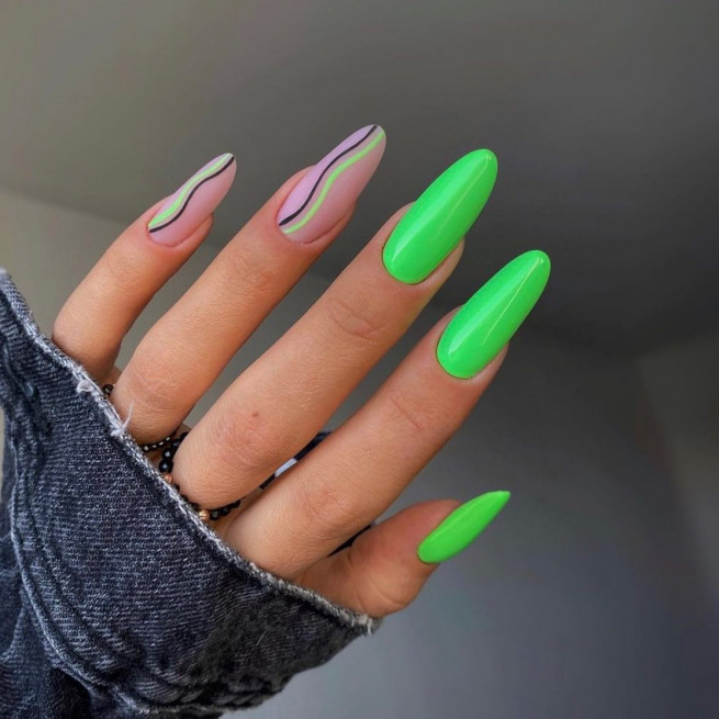 50 Cute Summer Nails 2022 : Neon Green + Swirl Nails