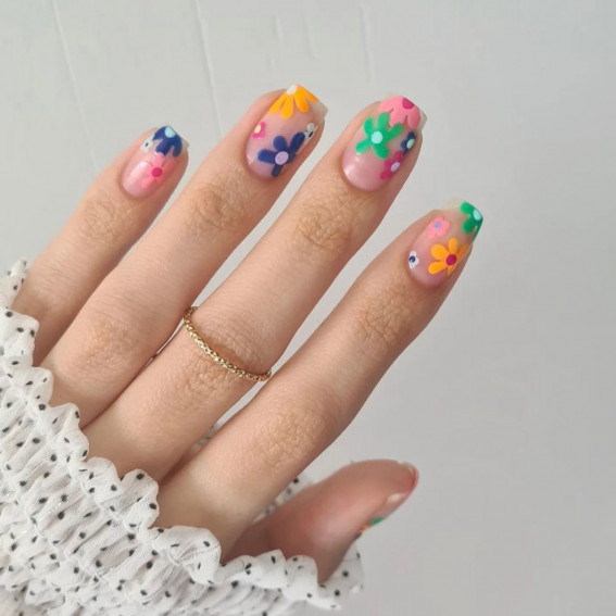 50 Cute Summer Nails 2022 : Colourful Flower Sheer Nails