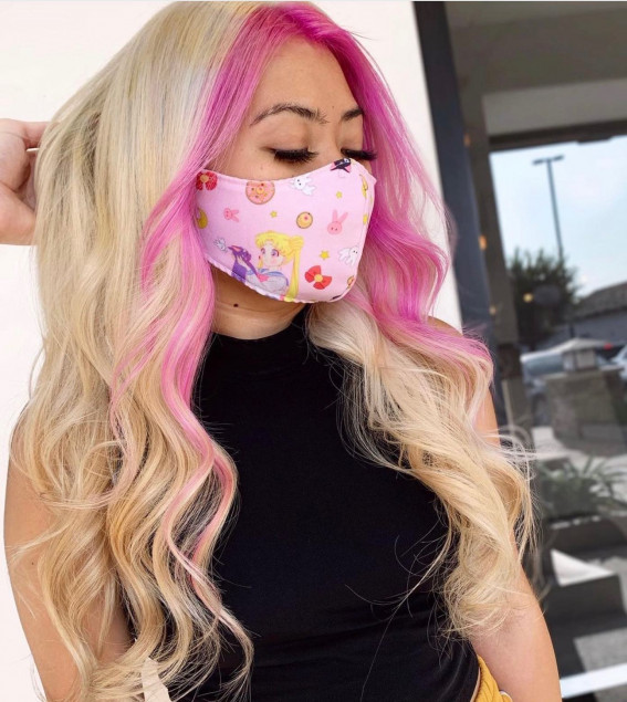 40 Crazy Hair Colour Ideas To Try in 2022 : Blonde Hair with Pink Face-Framing Highlights