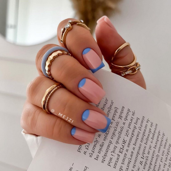 40 Best Summer Nails You’ll Look Forward To Trying : Blue Half Moon & French Tip Nails