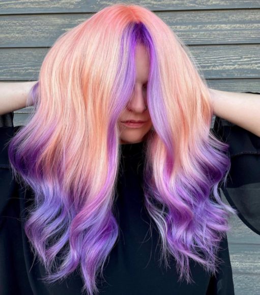 40 Crazy Hair Colour Ideas To Try in 2022 : Peach and Purple Combo Hair ...