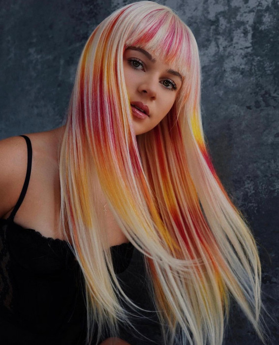 40 Crazy Hair Colour Ideas To Try in 2022 : Blonde, Red, Yellow and Peach Long Hair