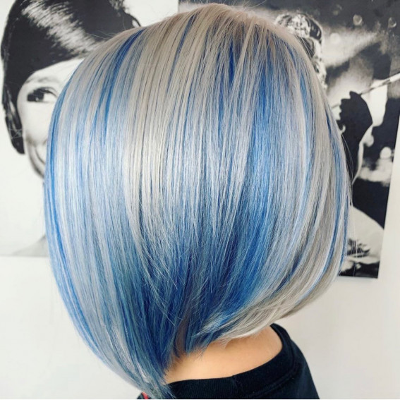 40 Crazy Hair Colour Ideas To Try in 2022 : Denim Blue on Lob Haircut