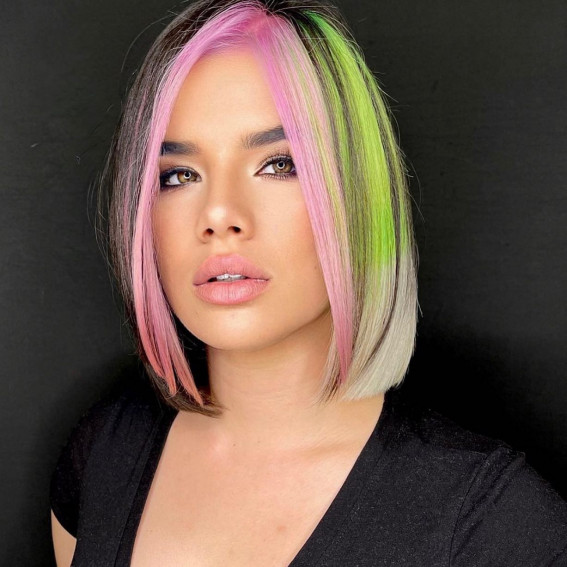 40 Crazy Hair Colour Ideas To Try in 2022 : Pink and Neon Green Lob Haircut