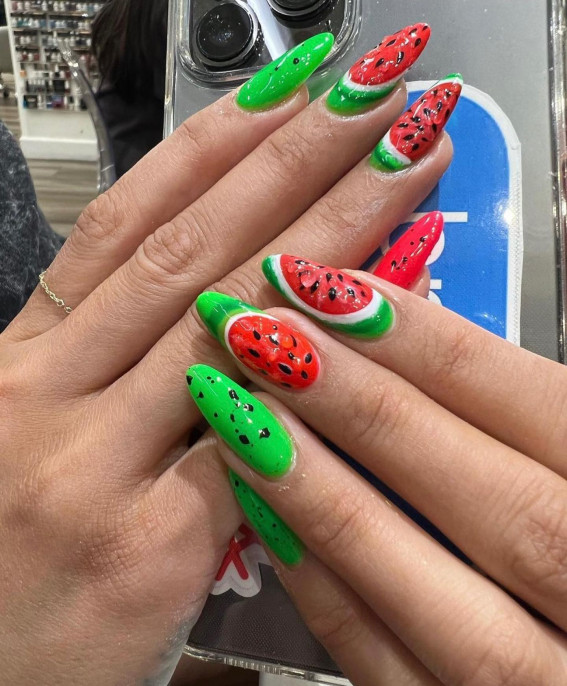 32 Cute Watermelon Nail Design Ideas : Juicy Watermelon Stiletto Nails