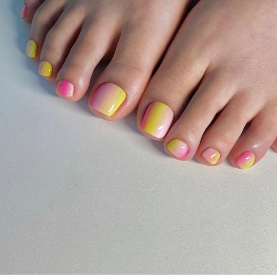43 Cute Toe Nail Designs : Pink and Yellow Ombre Toe Nails