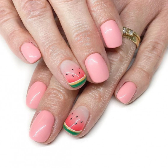 32 Cute Watermelon Nail Design Ideas : Coral Pink + Watermelon Nails