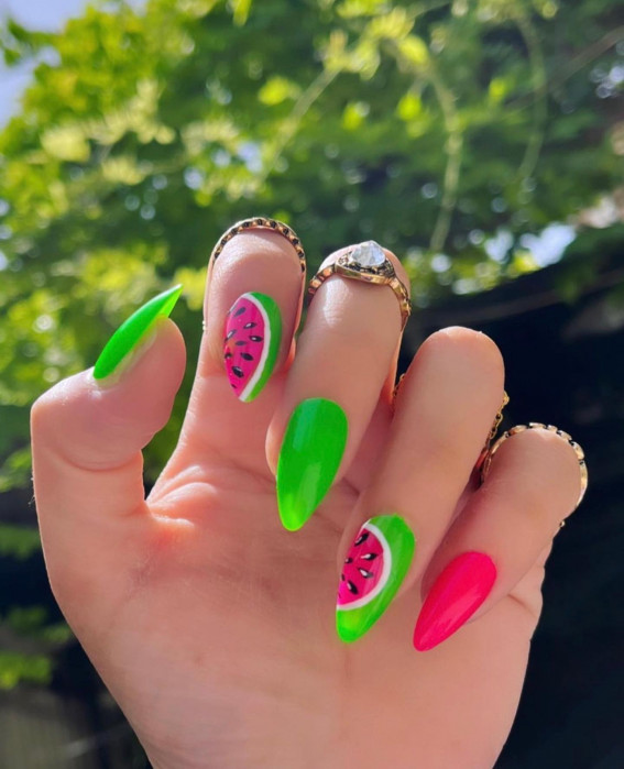 32 Cute Watermelon Nail Design Ideas : Bright Green + Watermelon Nails