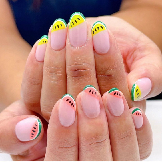 32 Cute Watermelon Nail Design Ideas : Mixed Melon Tip Nails
