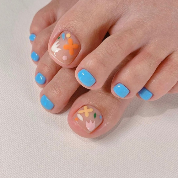 43 Cute Toe Nail Designs : Mixed Flower + Blue Toe Nails