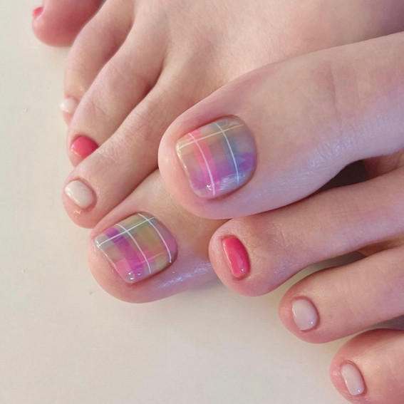43 Cute Toe Nail Designs : Pastel Gingham Toe Nails